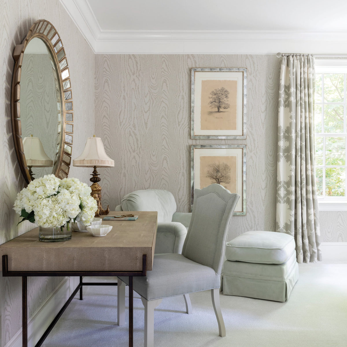 Schumacher Linen Curtains Garden of Persia Design Dove & White