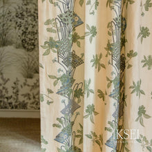 Custom-made drapery in high-end in Schumacher Japanese Fans by Iksel instant hit from the moment Schumacher introduced it, this is one of our best-loved designs. Japanese Fans depicts open fans arranged in a stripe pattern among branches and ribbons. Designed by Iksel and distributed exclusively by Schumacher in the U.S. and Canada. Designer Japnese print extra wide extra long curtains created in our custom workroom katemarcellahome by one of our talented craftsman.