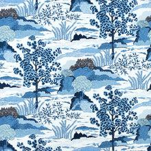Custom-made drapery in high-end, Thibaut Daintree pattern from the Greenwood collection linen fabric created by one of our professional craftsmen at katemarcellahome. A large-scale scenic of trees and foliage, named after the exotic rainforest on the coast of Australia. The center focal point is a Japanese pine tree with fan-shaped needles.