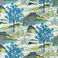Custom-made drapery in high-end, Thibaut Daintree pattern from the Greenwood collection linen fabric created by one of our professional craftsmen at katemarcellahome. A large-scale scenic of trees and foliage, named after the exotic rainforest on the coast of Australia. The center focal point is a Japanese pine tree with fan-shaped needles.