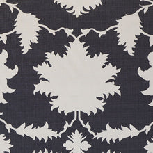 Schumacher Linen Curtains Garden of Persia Design Navy & White Drapes Custom-made drapery in high-end, Schumacher Garden of Persia linen fabric by one of our professional craftsmen. Inspired by an antique Persian carpet, this dramatically scaled, graphic print features silhouettes of flowers and leaves.