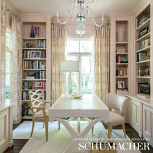 Custom-made drapery in high-end, Schumacher Garden of Persia linen fabric by one of our professional craftsmen. in our custom workroom katemarcellahome. Inspired by an antique Persian carpet, this dramatically scaled, graphic print features silhouettes of flowers and leaves, blush pink & white color.