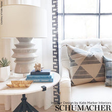 Custom-made drapery in high-end, Schumacher white linen fabric with Matrix trim made by one of our professional craftsmen. Created in our professional workroom katemarcellahome. A charmingly relaxed linen tape with a geometric pattern that looks hand-stitched. Available in the colors Navy, Black, Red, Natural & Sky Blue.