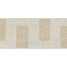 Custom-made drapery in high-end, Schumacher white linen fabric with Matrix trim made by one of our professional craftsmen. Created in our professional workroom katemarcellahome. A charmingly relaxed linen tape with a geometric pattern that looks hand-stitched. Available in the colors Navy, Black, Red, Natural & Sky Blue.