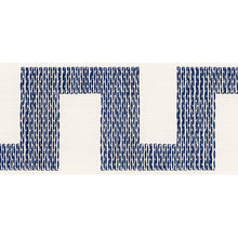 Custom-made drapery in high-end, Schumacher white linen fabric with Matrix trim made by one of our professional craftsmen. Created in our professional workroom katemarcellahome. A charmingly relaxed linen tape with a geometric pattern that looks hand-stitched. Available in the colors Navy, Black, Red, Natural & Sky Blue.