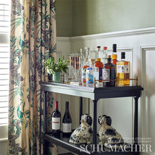 Custom-made drapery in high-end, Schumacher Peacock linen fabric in our custom workroom katemarcellahome by one of our professional craftsmen. This chintz was inspired by an archival fabric and evokes the 1930s designs of John Fowler and Nancy Lancaster, the famed duo credited with creating the English country look.