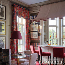 Custom-made drapery in high-end, Schumacher Peacock linen fabric in our custom workroom katemarcellahome by one of our professional craftsmen. This chintz was inspired by an archival fabric and evokes the 1930s designs of John Fowler and Nancy Lancaster, the famed duo credited with creating the English country look.