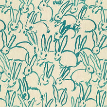Custom-tailored pillow in designer Hunt Slonem's Lee Jofa Groundworks "Bunny Hutch" linen. This adorable designer pillow, featuring a herd of turquoise bunnies printed throughout with long ears and stylish whiskers. 
