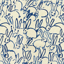 Custom-tailored faux roman valance in designer Hunt Slonem's Lee Jofa Groundworks "Bunny Hutch" linen. This adorable designer valnce, featuring a herd of navy blue bunnies printed throughout with long ears and stylish whiskers. Best anywhere in your home 