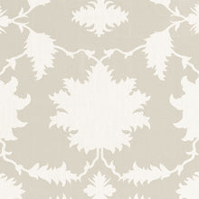 Custom-made drapery in high-end, Schumacher Garden of Persia linen fabric by one of our professional craftsmen. in our custom workroom katemarcellahome. Inspired by an antique Persian carpet, this dramatically scaled, graphic print features silhouettes of flowers and leaves, dove gray & white color.
