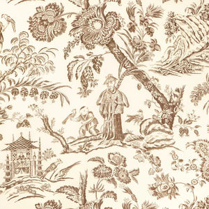 Custom-made drapery in high-end, Brunschwig & Fils Marcel Print cotton fabric by one of our professional craftsmen. In the color leaf, aubergine, red, navy and brown. This 100% cotton Oriental/Chinoiserie print design is a perfect addition to your home. Also available in roman shades canopy bed wallpaper and furniture.