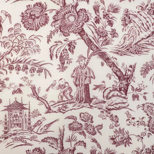 Custom-made drapery in high-end, Brunschwig & Fils Marcel Print cotton fabric by one of our professional craftsmen. In the color leaf, aubergine, red, navy and brown. This 100% cotton Oriental/Chinoiserie print design is a perfect addition to your home. Also available in roman shades canopy bed wallpaper and furniture.