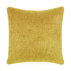 This mohair wool gold decorative pillow measures 20"H x 20"L. In stock and ready to ship! A decorative accent pillow made of mohair and wool. Features an invisible zipper. Includes a 95/5 feather/down insert. The cover is handmade in the UK and includes a feather insert made in the USA.