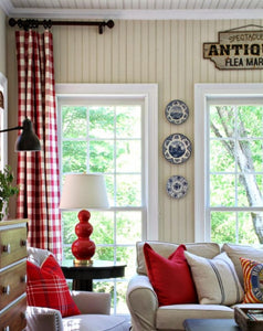 Custom-made drapery modern farmhouse in designer red buffalo check plaid linen beautiful buffalo check pattern from the U.S.  Also available in red & black buffalo check - green & navy buffalo check, plaid. Linen drapes created in our custom workroom katemarcellahome by one of our professional craftsman. 