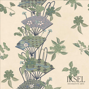 Custom-made drapery in high-end in Schumacher Japanese Fans by Iksel instant hit from the moment Schumacher introduced it, this is one of our best-loved designs. Japanese Fans depicts open fans arranged in a stripe pattern among branches and ribbons. Designed by Iksel and distributed exclusively by Schumacher in the U.S. and Canada. Designer Japnese print extra wide extra long curtains created in our custom workroom katemarcellahome by one of our talented craftsman.  