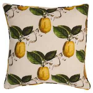 Schumacher Le Citron in ivory is a wonderfully charming fabric design by Johnson Hartig of Libertine. Printed on pure linen, this whimsical lattice of leafy lemons has a beautiful engraved aesthetic and fluttering ribbon accents that allude to the designer’s initials. Pillow includes a feather/down fill insert and hidden zipper closure. It is a fun mid-scale pattern suitable for light upholstery, pillows or window treatments. Also available as a wallpaper.