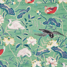 Custom-made drapery in high-end, Schumacher Lotus Garden linen fabric by one of our professional craftsmen. An enchanting pattern recreated from a 1920s document in our archives. The masterful design is an ode to Japanese natural motifs. Also available as a wallcovering and indoor/outdoor fabric.