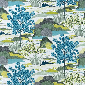 Custom-made drapery in high-end, Thibaut Daintree pattern from the Greenwood collection linen fabric created by one of our professional craftsmen at katemarcellahome. A large-scale scenic of trees and foliage, named after the exotic rainforest on the coast of Australia. The center focal point is a Japanese pine tree with fan-shaped needles. 