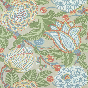 Custom-made drapery in high-end, Thibaut Mitford floral pattern from the Paramount collection linen fabric created by one of our professional craftsmen at katemarcellahome. Mitford is taken from an original block printed 1920's document of stylized tulips, peonies and other flora and leaves.