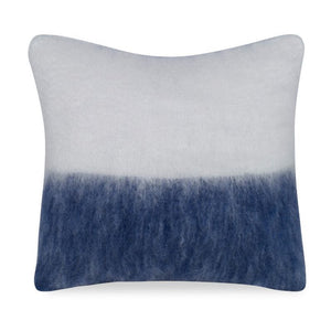 This mohair wool navy blue & white decorative pillow measures 22"H x 22"L. In stock and ready to ship! A decorative accent pillow made of mohair and wool. Features an invisible zipper. Includes a 95/5 feather/down insert. The cover is handmade in the UK and includes a feather insert made in the USA. Mohair - 73%, Wool …