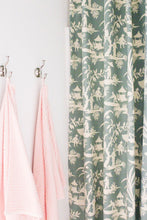 Custom made shower curtain in durable Robert Allen Lake Paradise indoor/outdoor fabric color aqua. Recently featured in McKenzie's http://somethinsouthernblog.com/?s=guest+bathroom  This is an indoor/outdoor fabric perfect for the bathroom environment or it's mildew and water resistance.