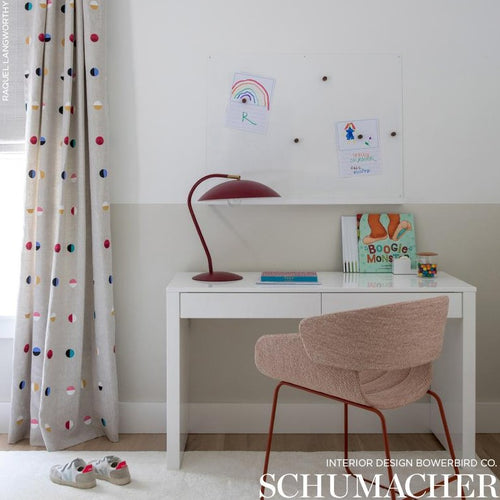 Custom-made drapery in high-end, Schumacher Joshua Tree fabric by one of our professional craftsmen in our custom workroom katemarcellahome. This fabric is designed by Caroline Z Hurley in her Brooklyn studio and block-printed in New Bedford, Massachusetts. Each shape is cut and individually stamped onto the linen by hand.