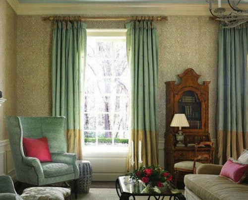 Color Block Dupioni Silk Drapes Aqua & Gold Curtains Silk Drapes Duo Color Panels Custom made aqua and gold color block silk drapery in high end dupioni. This listing is for one panel 48