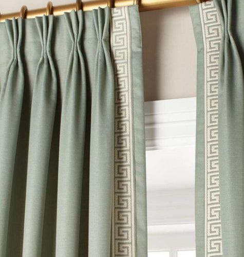 Blue Silk Linen Curtains with Greek Key Trim Blue and Ivory from Trend Blue Silk Greek Key Drapes Custom-made drapery in high-end, these modern Ocean Blue Faux Silk panels with Greek Key Blue and Ivory Trim Curtains Trend fabric created in our professional workroom by one of our expert craftsman. Available in various colors