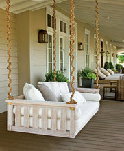 Daybed porch swing black and white, tan and gray mattress cover all made from durable quality Sunbrella indoor outdoor fabrics. How about turning those unused porches into blissful sanctuaries for reading, napping, or relaxing with a glass of wine? Hanging daybeds, lots of blankets, and plenty of plush pillows. Has an outdoor space ever looked this cozy? This cover is perfect for your indoor or outdoor mattress it's durable and easy to clean! 