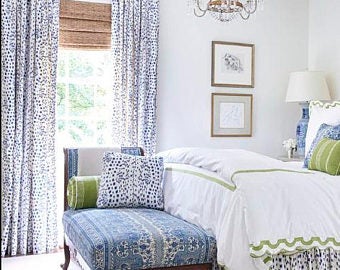 Custom-made drapery in high-end, Brunschwig & Fils Les Touches cotton fabric by one of our professional craftsmen. This 100% cotton animal print design is a perfect addition to your home. Also available in roman shades and furniture. This listing is for one panel 48