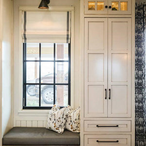https://katemarcellahome.com/products/copy-of-modern-faux-roman-valance-white-black-ribbon-stripe-kids-nursery-bedroom-farmhouse-country-custom-widths-farmhouse-black-trim-band-ticking  Custom-made Farmhouse modern faux roman valance with 4 folds to create an authentic roman shade look in white cotton with ticking bands created by katemarcellahome.&nbsp; Multiple ticking color options: Black, Gray, Brown, and Navy.&nbsp; Stationary Roman shades do not move and stay perfectly in place every day. Listin…