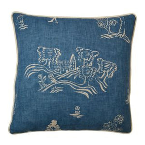 This Kit Kemp for Andrew Martin blue decorative pillow measures 22"H x 22"L. Features a pattern inspired by 15th and 16th century tapestries depicting bushy tailed creatures peering amongst hedgerows, blooming trees and rolling English hills. Detailed with contrasting velvet piping.