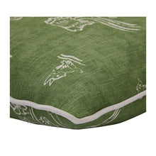 This Kit Kemp for Andrew Martin green decorative pillow measures 22"H x 22"L. Features a pattern inspired by 15th and 16th century tapestries depicting bushy tailed creatures peering amongst hedgerows, blooming trees and rolling English hills. Detailed with contrasting velvet piping. The cover is handmade in the UK and includes a feather insert made in the USA.