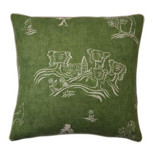 This Kit Kemp for Andrew Martin green decorative pillow measures 22"H x 22"L. Features a pattern inspired by 15th and 16th century tapestries depicting bushy tailed creatures peering amongst hedgerows, blooming trees and rolling English hills. Detailed with contrasting velvet piping. The cover is handmade in the UK and includes a feather insert made in the USA.