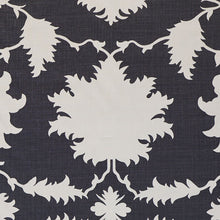 Schumacher Linen Curtains Garden of Persia Design Navy & White Drapes Custom-made drapery in high-end, Schumacher Garden of Persia linen fabric by one of our professional craftsmen. Inspired by an antique Persian carpet, this dramatically scaled, graphic print features silhouettes of flowers and leaves. 