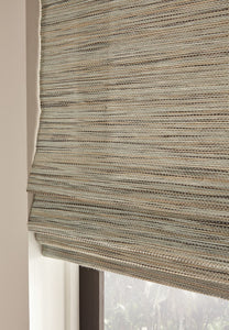 Classic Roman Natural Shade and Simplicity Valance in the pattern Harlan, color is Summer Field.  Natural Woven Shades | Horizons Window Fashions (horizonshades.com)  Natural Woven Shades are handwoven from renewable materials like grasses, jute, and bamboo. Our high-end fabrics are crafted with traditional techniques and materials carefully selected for their beauty, renewability, and quality. The end result makes a strong, sustainable statement.