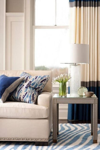 Color block panels top and bottom bands in navy, grey and off white linen. Natural Irish Linen Curtains Designer Curtain Panel 100% Linen. Custom drapery tri color block panels created by katemarcellahome. This modern contemporary linen fabric is the most fashionable curtain for your space this season. 
