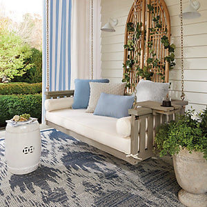 Daybed front porch swing blue, white, tan and gray mattress cover all made from durable quality Sunbrella indoor outdoor fabrics. How about turning those unused porches into blissful sanctuaries for reading, napping, or relaxing with a glass of wine? Hanging daybeds, lots of blankets, and plenty of plush pillows. Has an outdoor space ever looked this cozy? This cover is perfect for your indoor or outdoor mattress it's durable and easy to clean! 