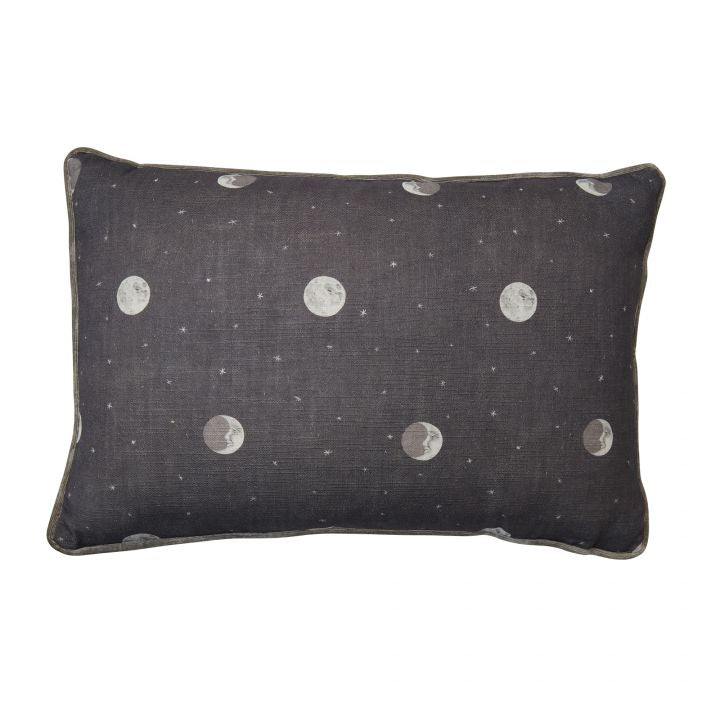 This denim grey Over the Moon Kit Kemp for Andrew Martin decorative pillow measures 16
