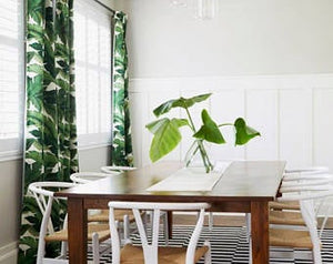 Custom-made palm leaf curtains indoor/outdoor Tommy Bahama durable fabric. This tropical banana leaf pattern is perfect in any room!! Custom palm leaf panels created by katemarcellahome. This modern contemporary tropical fabric is the most fashionable curtain for your space this season.