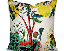 This pillow features Citrus Garden with a Self-Welt finish. This archival Josef Frank print, created in 1947, bears the signature whimsy, color and personality for which the designer is known. The hand-drawn pattern has inimitable charm. Pillow includes a feather/down fill insert and hidden zipper closure
