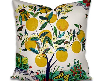 This pillow features Citrus Garden with a Self-Welt finish. This archival Josef Frank print, created in 1947, bears the signature whimsy, color and personality for which the designer is known. The hand-drawn pattern has inimitable charm. Pillow includes a feather/down fill insert and hidden zipper closure.
