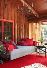 Daybed porch swing white, gray ticking stripe, and red mattress cover all made from durable quality Sunbrella indoor outdoor fabrics by katemarcellahomes. How about turning those unused porches into blissful sanctuaries for reading, napping, or relaxing with a glass of wine? Hanging daybeds, lots of blankets, and plenty of plush pillows. Has an outdoor space ever looked this cozy? This cover is perfect for your indoor or outdoor mattress it's durable and easy to clean! 