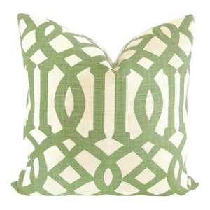 Custom made Schumacher Imperial Trellis Trelliage linen fabric pillow cover by katemardellahome. An iconic Schumacher design, Imperial Trellis epitomizes Hollywood Regency glamour. Also available as a wallcovering, woven fabric, or indoor/outdoor fabric. Green symbolizes renewal & growth, a lively color creates an enchanting room!  