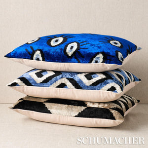 Schumacher Ankara silk velvet black & silver fabric pillow covers.  The Ankara Silk Velvet Pillow by Les Ottomans features handwoven fabric with a knife edge finish. Les Ottomans pillows are handmade in Istanbul, juxtaposing the traditional patterns of Turkey with a wide range of contemporary colors, designs and textures. Each pillow features a silk velvet front with a solid cotton back, and includes a feather/down fill insert with hidden zipper closure.