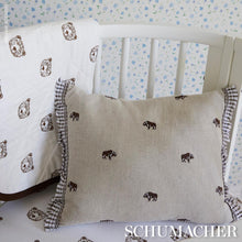 Custom made Schumacher Buffalo Embroidery  linen fabric pillow covers. This pillow features Buffalo Embroidered Linen by Marie-Chantal of Greece for Schumacher with a knife edge finish. Marie-Chantal’s Buffalo Embroidered Linen, a natural-colored simple small-scale design stitched on a crisp linen ground, is an abundantly charming critter pattern. 