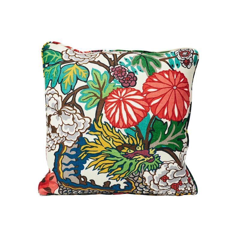 Schumacher Chiang Mai Dragon linen fabric pillow covers. Available in Alabaster. This pillow cover features Chiang Mai Dragon with a Self-Welt finish. An instant hit from the moment we introduced it, this is one of our best-loved designs. The chinoiserie motif was inspired by an Art Deco print. Also available as a wallcovering and indoor/outdoor fabric.