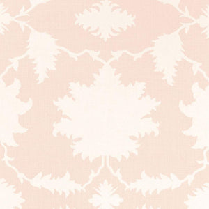 Custom-made drapery in high-end, Schumacher Garden of Persia linen fabric by one of our professional craftsmen. in our custom workroom katemarcellahome. Inspired by an antique Persian carpet, this dramatically scaled, graphic print features silhouettes of flowers and leaves, blush pink & white color.