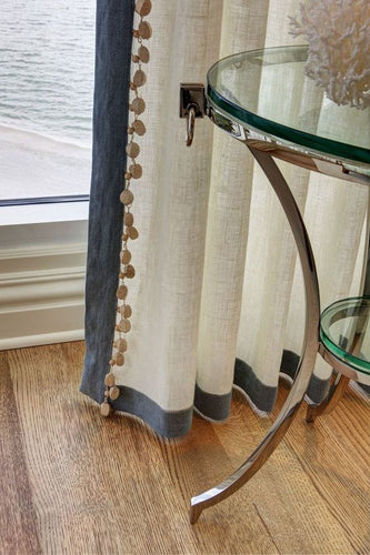 Custom-made drapery modern farmhouse in designer off white linen beautiful charcoal grey/gray band and beige bullion trim 