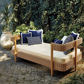 Daybed front porch swing navy blue, white, and trellis mattress cover all made from durable quality Sunbrella indoor outdoor fabrics by katemarcellahome. How about turning those unused porches into blissful sanctuaries for reading, napping, or relaxing with a glass of wine? Wicker daybeds, lots of blankets, and plenty of plush pillows. Has an outdoor space ever looked this cozy? This cover is perfect for your indoor or outdoor mattress it's durable and easy to clean! 